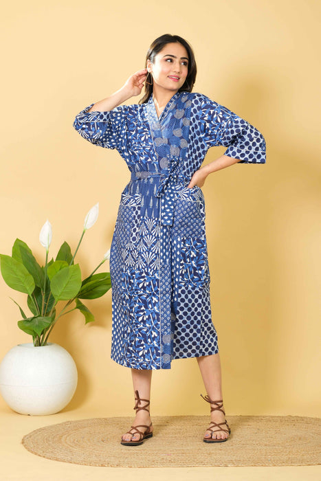 Blue Patchwork Print Bathrobe Indian Bikini Cover-up V-neck Kimono Robe from Marika Textiles