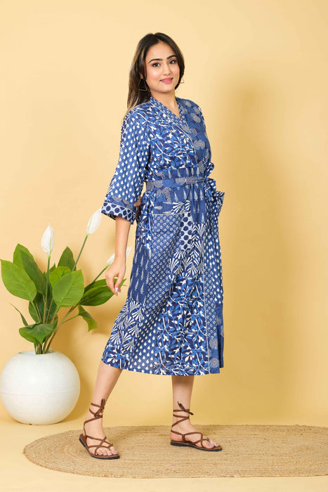 Blue Patchwork Print Bathrobe Indian Bikini Cover-up V-neck Kimono Robe from Marika Textiles