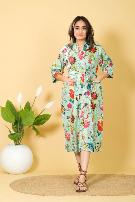 Night Wear Long Floral Print Cotton Robe, Bathrobe Bikini Cover-up from Marika Textiles