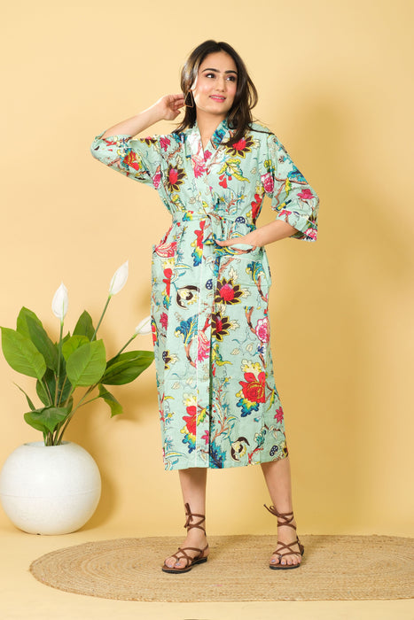 Night Wear Long Floral Print Cotton Robe, Bathrobe Bikini Cover-up from Marika Textiles