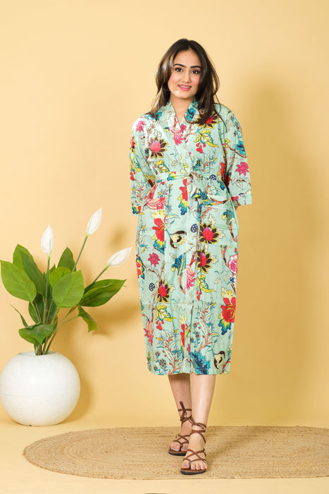 Night Wear Long Floral Print Cotton Robe, Bathrobe Bikini Cover-up from Marika Textiles