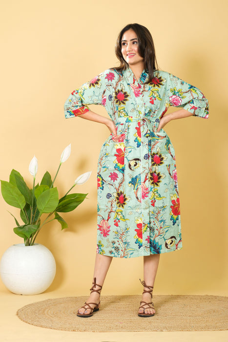 Night Wear Long Floral Print Cotton Robe, Bathrobe Bikini Cover-up from Marika Textiles