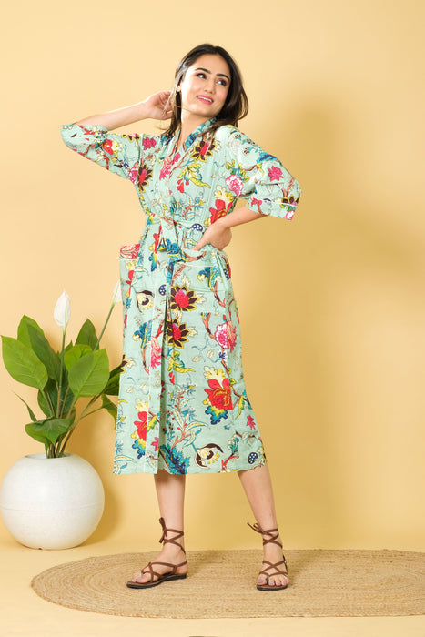 Night Wear Long Floral Print Cotton Robe, Bathrobe Bikini Cover-up from Marika Textiles