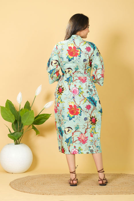 Night Wear Long Floral Print Cotton Robe, Bathrobe Bikini Cover-up from Marika Textiles