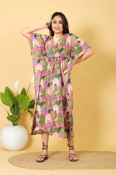 India Peacock Printed Cotton Long Beach Maxi Kaftan Dress Free Size Caftan, 3/4 Sleeve Caftan