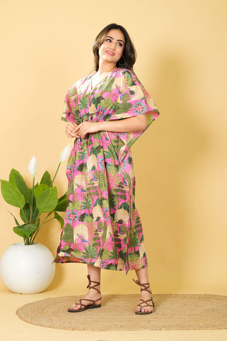 India Peacock Printed Cotton Long Beach Maxi Kaftan Dress Free Size Caftan, 3/4 Sleeve Caftan