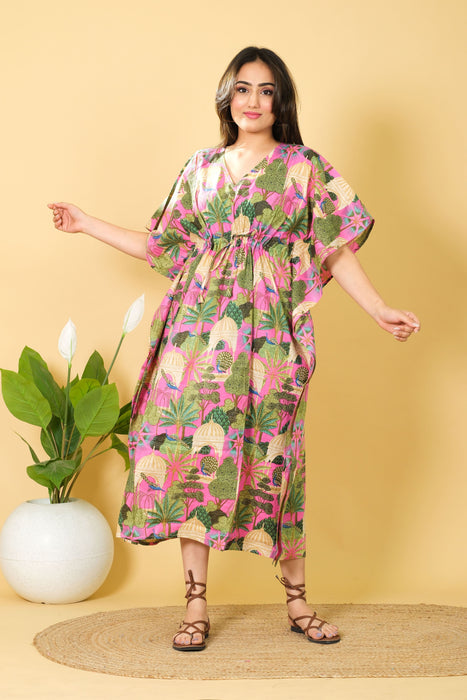 India Peacock Printed Cotton Long Beach Maxi Kaftan Dress Free Size Caftan, 3/4 Sleeve Caftan