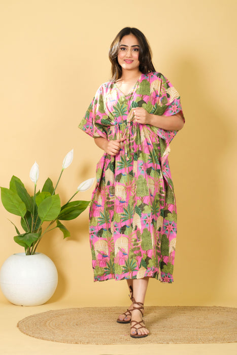 India Peacock Printed Cotton Long Beach Maxi Kaftan Dress Free Size Caftan, 3/4 Sleeve Caftan