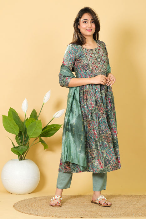 Marika Textiles 3/4 Sleeve Cotton Kurti Set with Dupatta - Round Neck Party Wear Dress