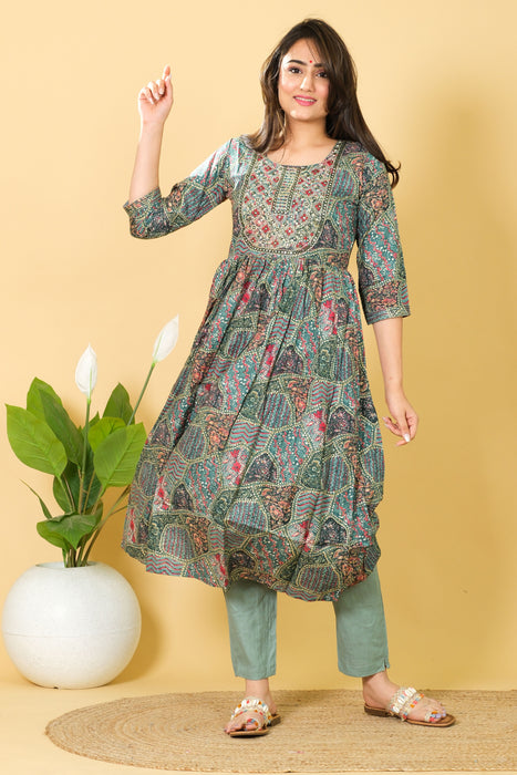 Marika Textiles 3/4 Sleeve Cotton Kurti Set with Dupatta - Round Neck Party Wear Dress