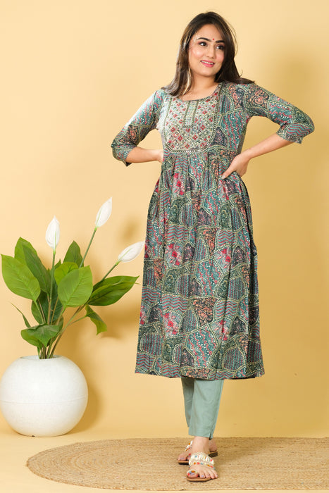 Marika Textiles 3/4 Sleeve Cotton Kurti Set with Dupatta - Round Neck Party Wear Dress