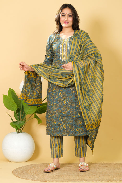 Floral Print Cotton Kurti Set with Dupatta - Casual Wear Dress, Perfect Gift for Her