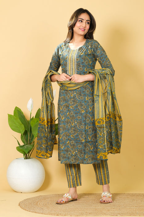 Floral Print Cotton Kurti Set with Dupatta - Casual Wear Dress, Perfect Gift for Her