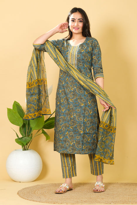 Floral Print Cotton Kurti Set with Dupatta - Casual Wear Dress, Perfect Gift for Her