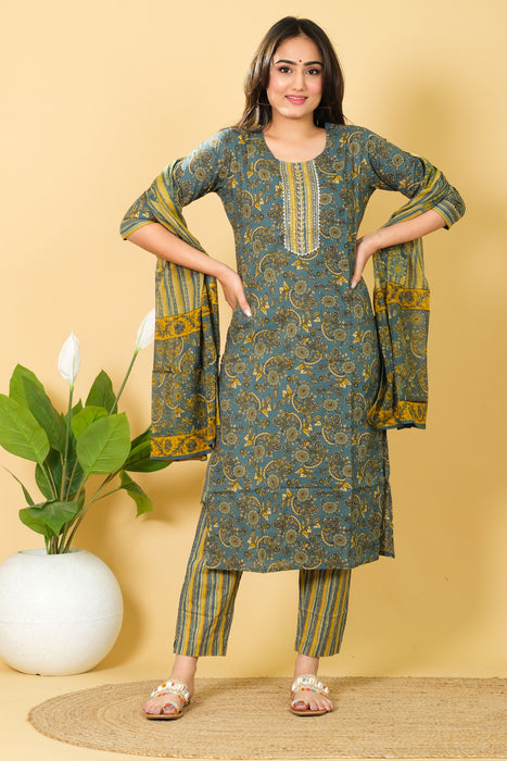 Floral Print Cotton Kurti Set with Dupatta - Casual Wear Dress, Perfect Gift for Her