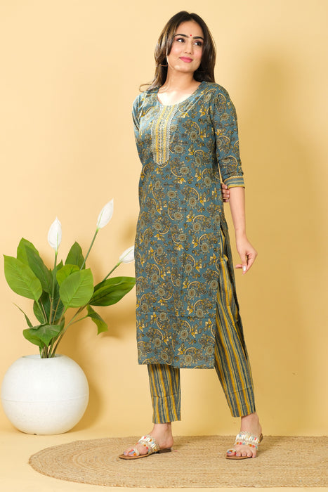 Floral Print Cotton Kurti Set with Dupatta - Casual Wear Dress, Perfect Gift for Her