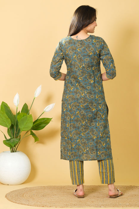 Floral Print Cotton Kurti Set with Dupatta - Casual Wear Dress, Perfect Gift for Her