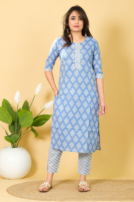 Printed Blue & White Cotton Salwar Suit Kurtis from Marika Textiles - Perfect Gift for Her