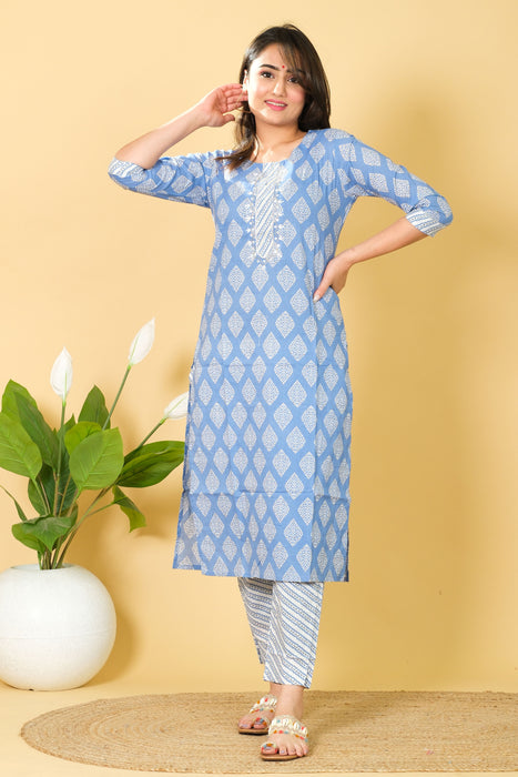 Printed Blue & White Cotton Salwar Suit Kurtis from Marika Textiles - Perfect Gift for Her