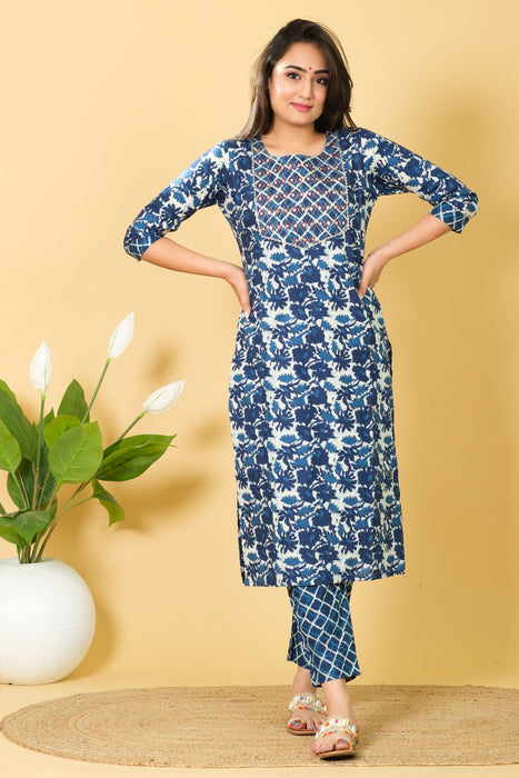 Cotton Party Wear Salwar Suit Blue & White Top Bottom Set Girls Wear Kurti