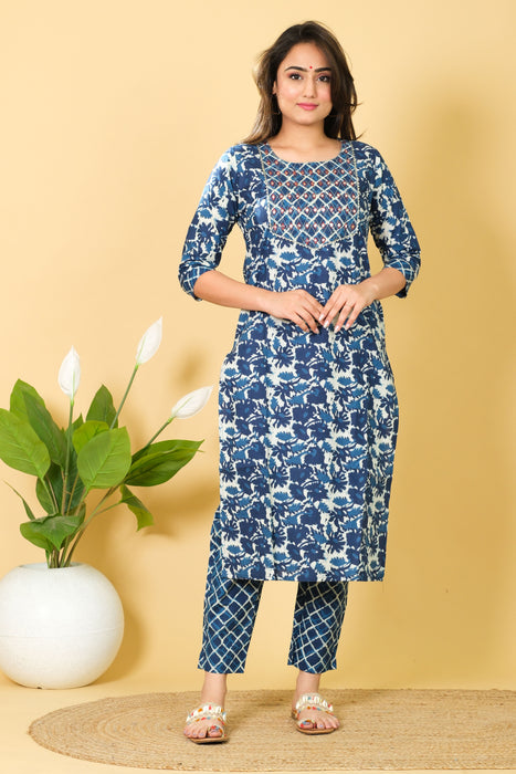 Cotton Party Wear Salwar Suit Blue & White Top Bottom Set Girls Wear Kurti