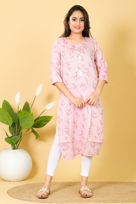 Casual Wear Cotton Pink Color Kurti - 3/4 Sleeve Indian Kurti Dress