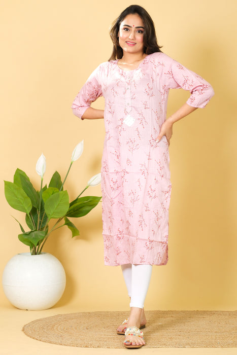 Casual Wear Cotton Pink Color Kurti - 3/4 Sleeve Indian Kurti Dress