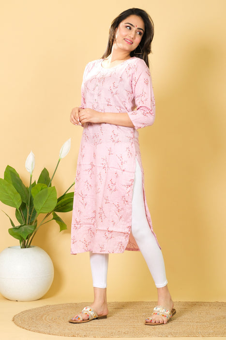 Casual Wear Cotton Pink Color Kurti - 3/4 Sleeve Indian Kurti Dress