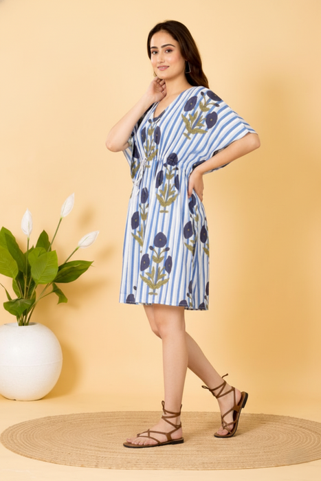 Blue Striped Floral Print Short Kaftan Dress for Women | 100% Pure Cotton | Casual, Summer & Resort Wear