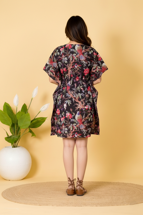 Women’s Black Floral Cotton Kaftan Dress | Comfortable Casual & Beach Wear