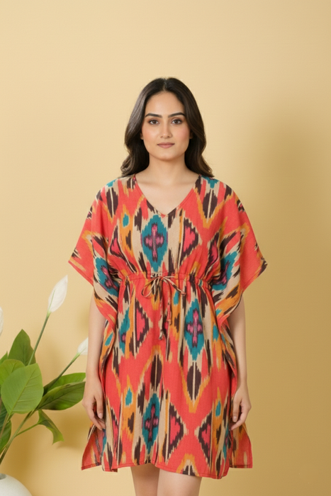 One Size Orange Cotton Kaftan Gown for Women from Marika Textiles