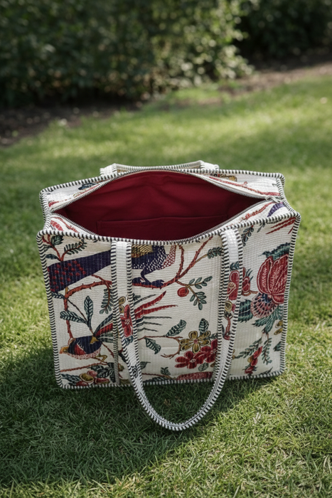 White Floral & Bird Printed Cotton Tote Bag with Zip | Reusable Eco-Friendly Shoulder Bag