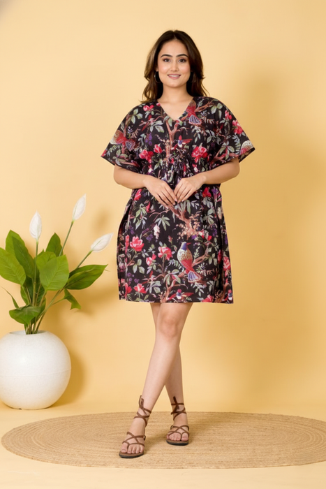 Floral Print Short Kaftan for Women | Lightweight Cotton Summer Dress