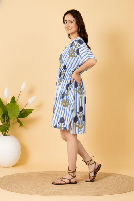 Blue Striped Floral Print Short Kaftan Dress for Women | 100% Pure Cotton | Casual, Summer & Resort Wear