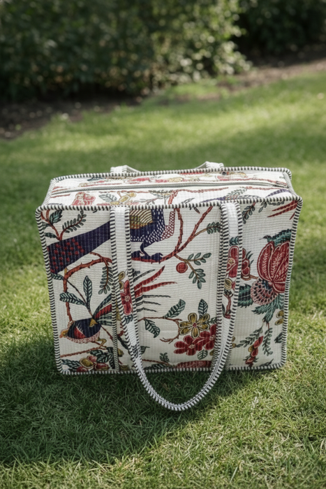 White Floral & Bird Printed Cotton Tote Bag with Zip | Reusable Eco-Friendly Shoulder Bag