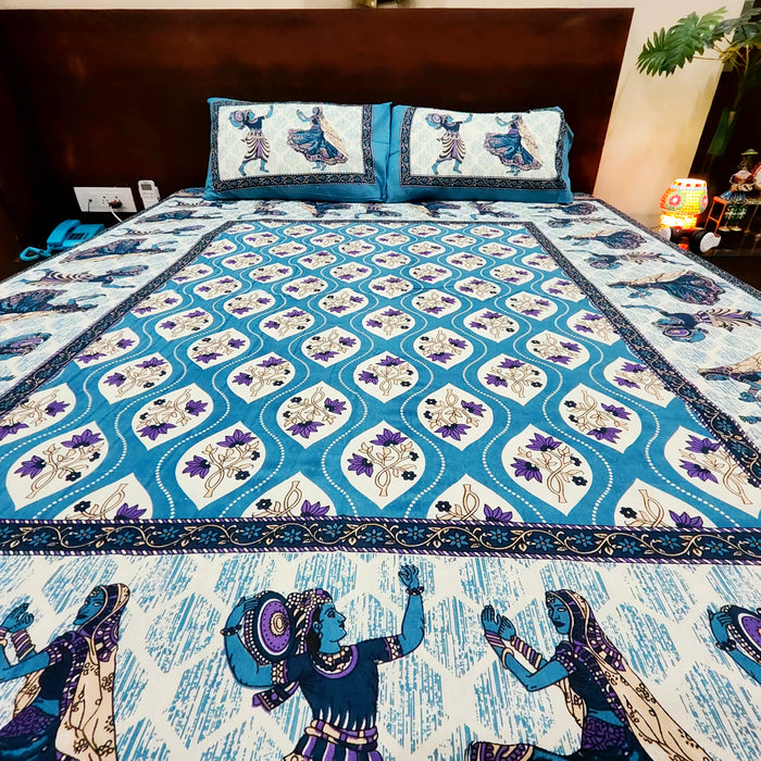 Buy Sanganeri Print Cotton Bedsheet with 2 Pillow Cover | Queen Size Bedspread