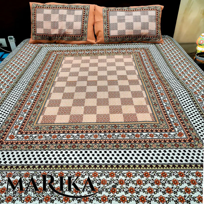 Geometric Print Cotton Bedsheet Queen Size Bedcover with 2 Pillow Covers | Buy Now