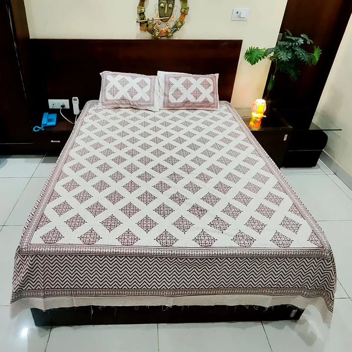 Home Decor Indian Cotton Bedsheet with Pillow Covers Geometric Print Indoor Coverlet Queen Size