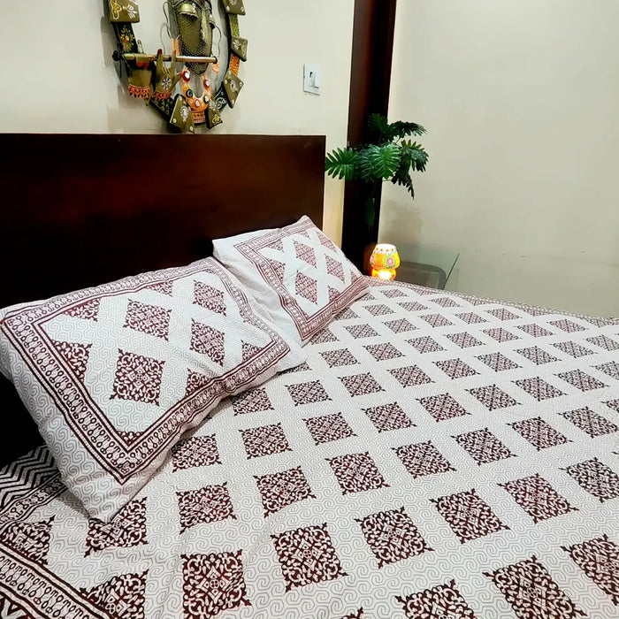 Home Decor Indian Cotton Bedsheet with Pillow Covers Geometric Print Indoor Coverlet Queen Size