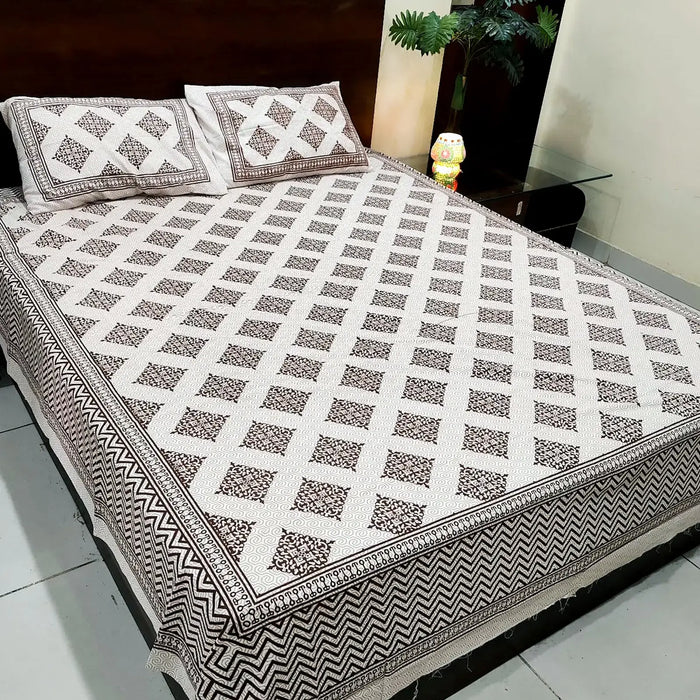 Home Decor Indian Cotton Bedsheet with Pillow Covers Geometric Print Indoor Coverlet Queen Size