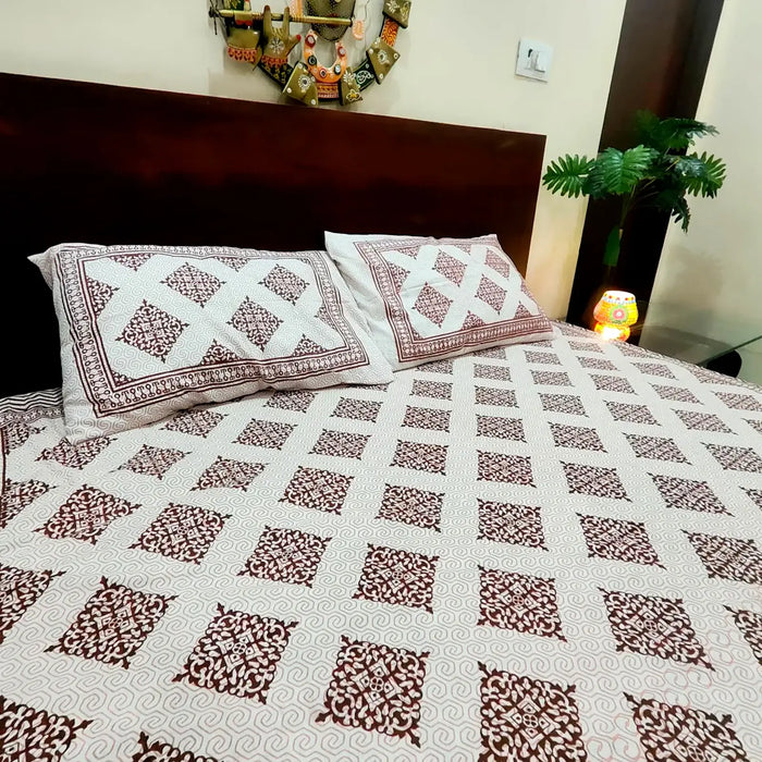 Home Decor Indian Cotton Bedsheet with Pillow Covers Geometric Print Indoor Coverlet Queen Size