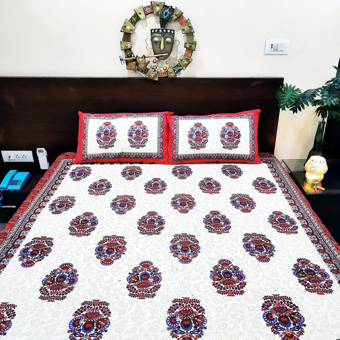 Beutifull Red Floral Print King Size Bed Sheet With Pillow Cover Set | Shop Now