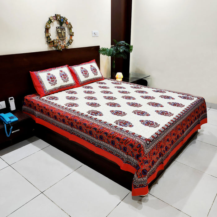 Beutifull Red Floral Print King Size Bed Sheet With Pillow Cover Set | Shop Now