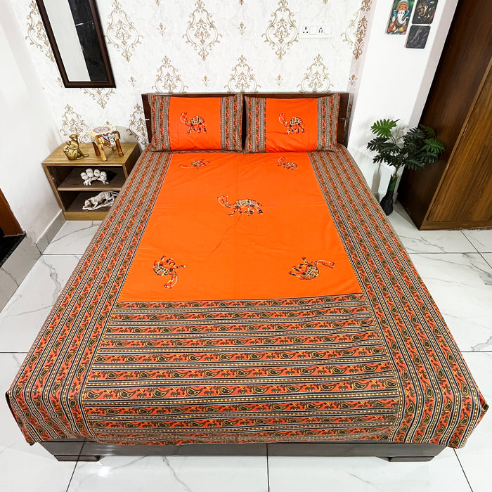 Orange Camel Print Bedspread Bedcover Set with Pillow Covers - 100% Cotton Fate Wash Indian Bedsheet