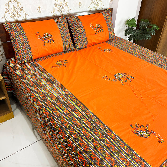 Orange Camel Print Bedspread Bedcover Set with Pillow Covers - 100% Cotton Fate Wash Indian Bedsheet