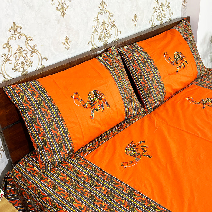 Orange Camel Print Bedspread Bedcover Set with Pillow Covers - 100% Cotton Fate Wash Indian Bedsheet