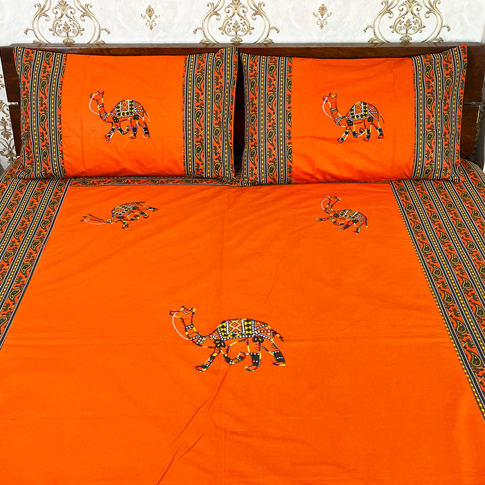 Orange Camel Print Bedspread Bedcover Set with Pillow Covers - 100% Cotton Fate Wash Indian Bedsheet