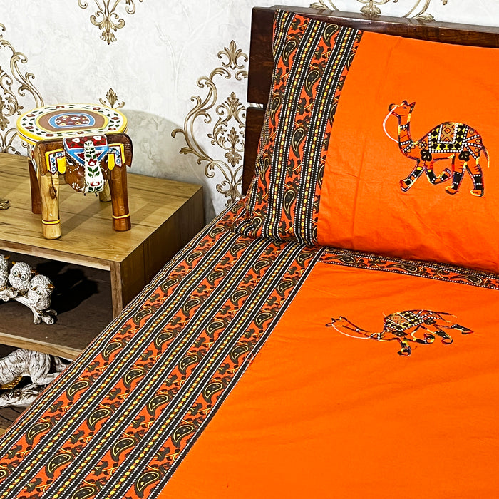 Orange Camel Print Bedspread Bedcover Set with Pillow Covers - 100% Cotton Fate Wash Indian Bedsheet