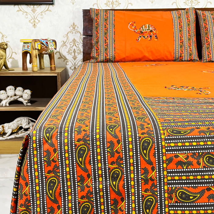 Orange Camel Print Bedspread Bedcover Set with Pillow Covers - 100% Cotton Fate Wash Indian Bedsheet