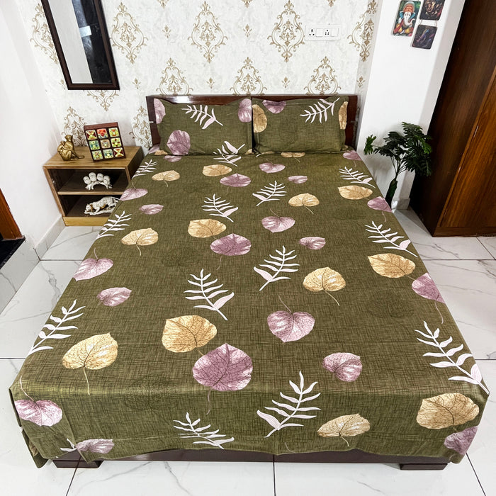 Olive Green Cotton Ultra King Size Bedsheet with Pillow Covers, Bedspread and Bed Decor from Marika Textiles